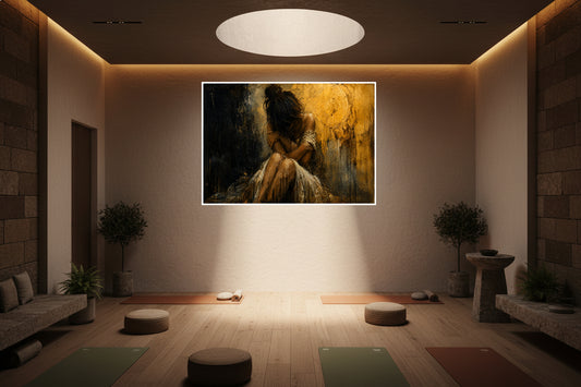A solitary woman sits with her head bowed and arms wrapped around herself, illuminated by soft golden light against a dark, textured backdrop.