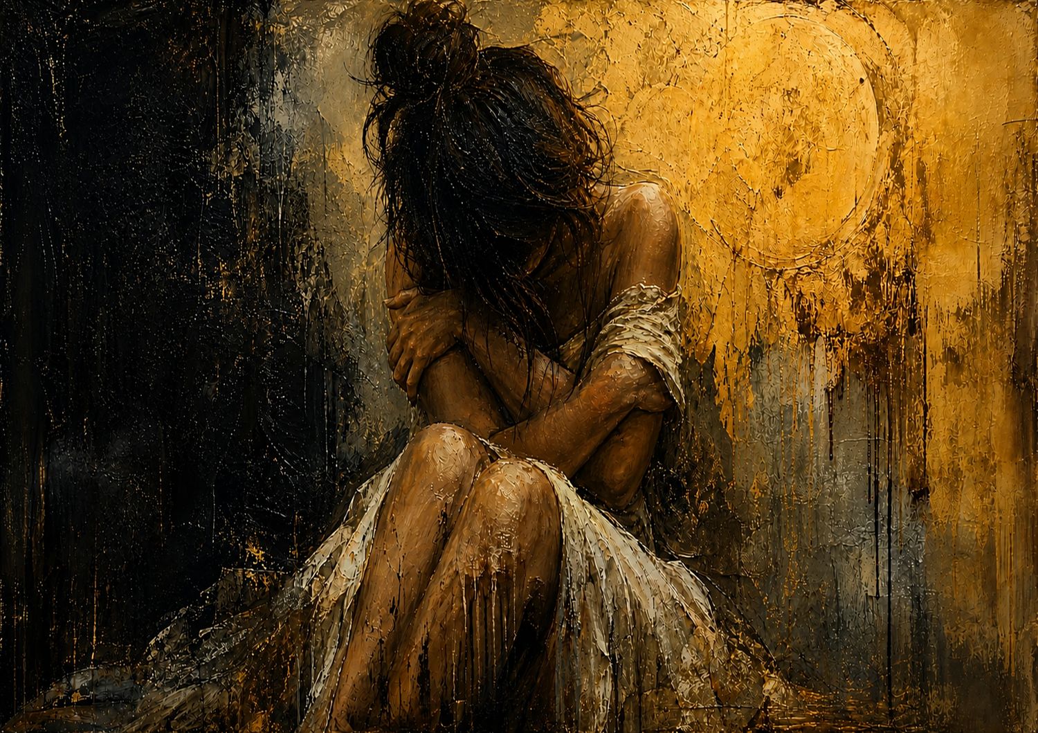 A solitary woman sits with her head bowed and arms wrapped around herself, illuminated by soft golden light against a dark, textured backdrop.