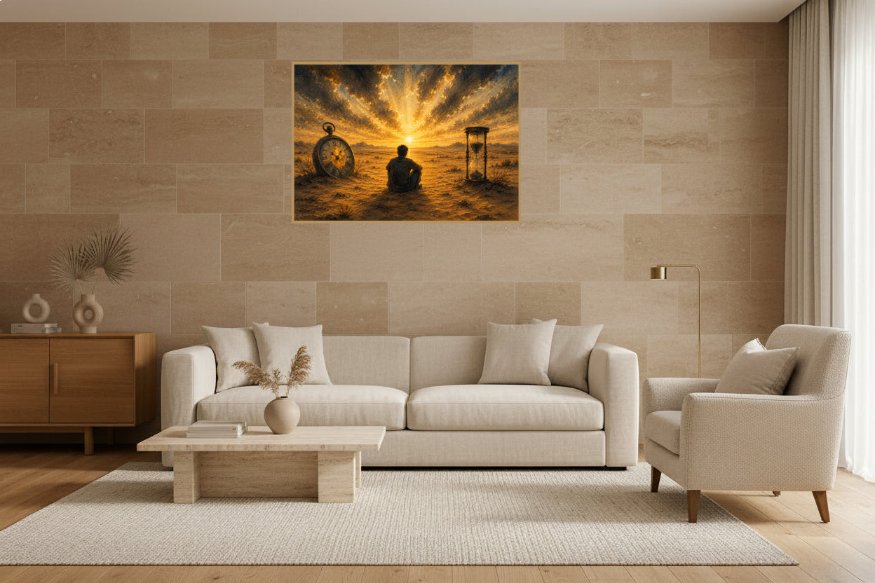 A solitary figure sits in a desert landscape between a setting sun, a large hourglass, and a vintage pocket watch beneath dramatic golden clouds.