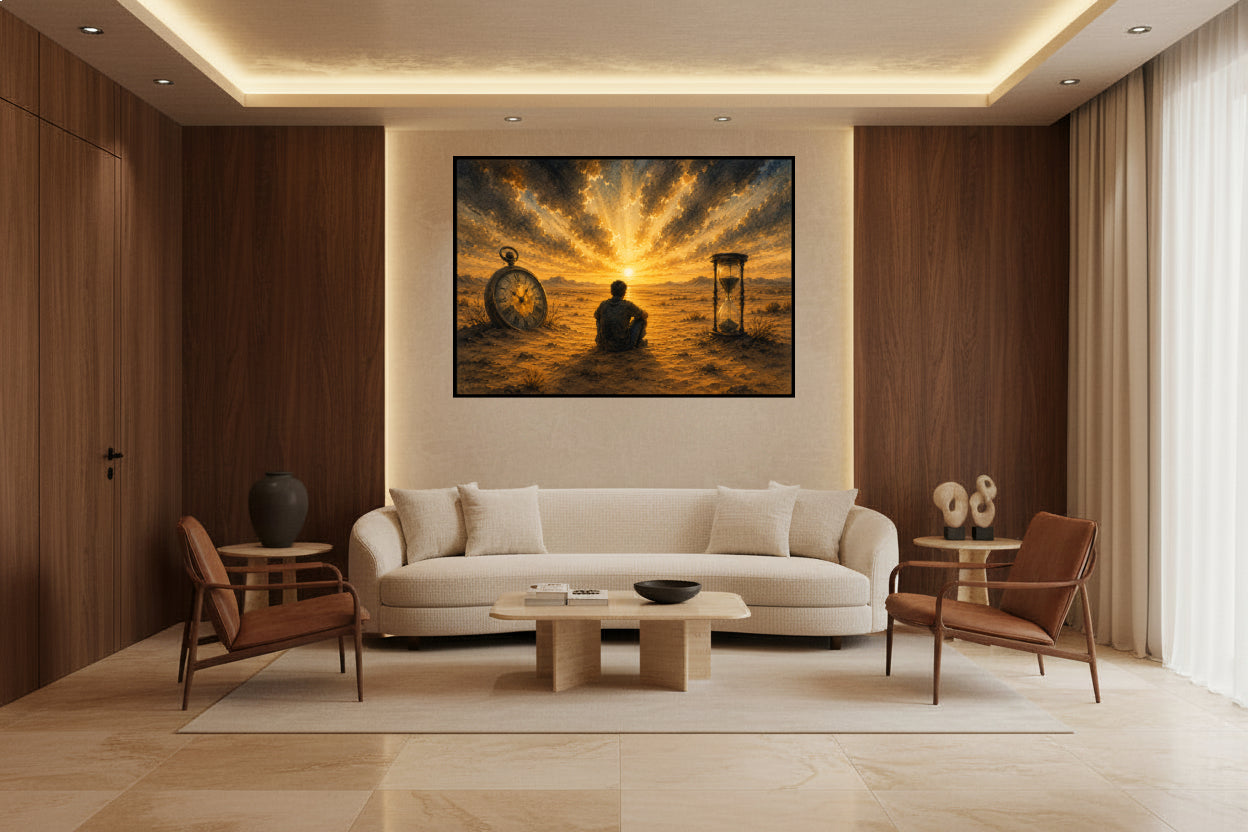 A solitary figure sits in a desert landscape between a setting sun, a large hourglass, and a vintage pocket watch beneath dramatic golden clouds.