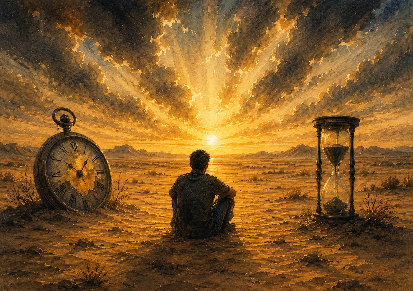 A solitary figure sits in a desert landscape between a setting sun, a large hourglass, and a vintage pocket watch beneath dramatic golden clouds.