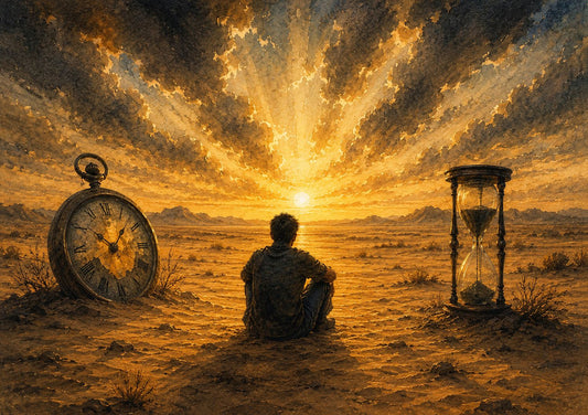 A solitary figure sits in a desert landscape between a setting sun, a large hourglass, and a vintage pocket watch beneath dramatic golden clouds.
