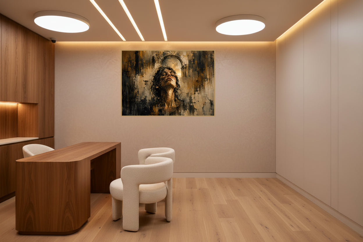 A courageous woman walking forward through a series of dark doorways towards a distant golden light.